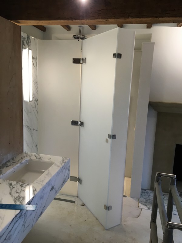 Bespoke frosted glass shower enclosure in Highgate luxury bathroom
